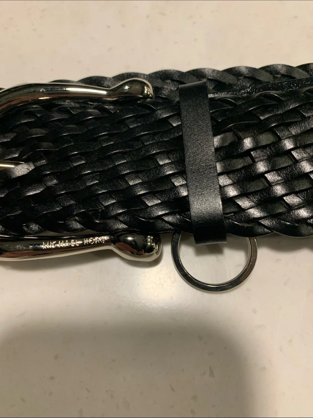 Michael Kors Black Braided Leather Belt Silver Buckle with Keychain Size XL NWOT